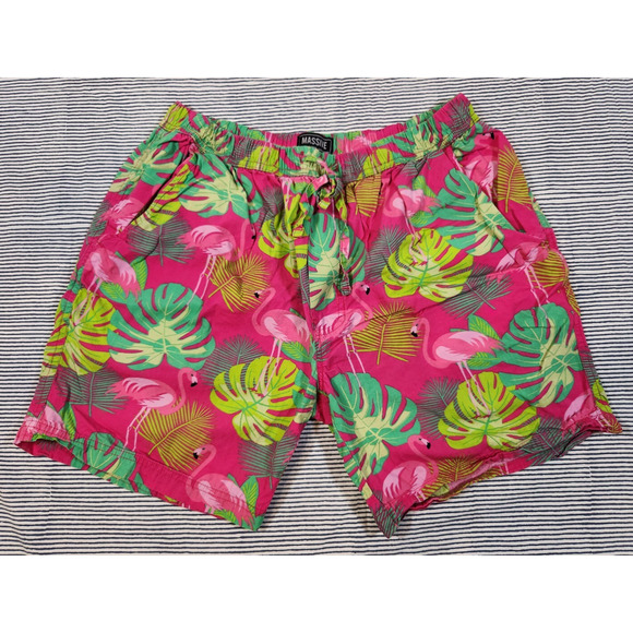 Massive $65 Large Pink Green Flamingo Tropical Stretch Waist Cotton Shorts - Picture 1 of 10